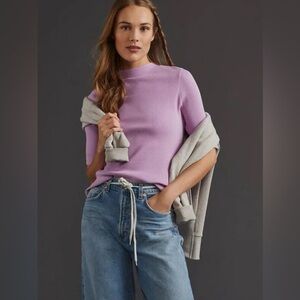 Maeve Mock Neck Ribbed Top in Lilac Sky